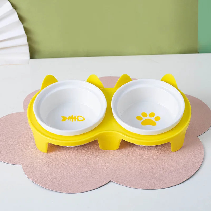 Cat bowl ceramic, cat food bowl double bowl drinking water, dog basin, pet oblique mouth to protect the cervical vertebrae