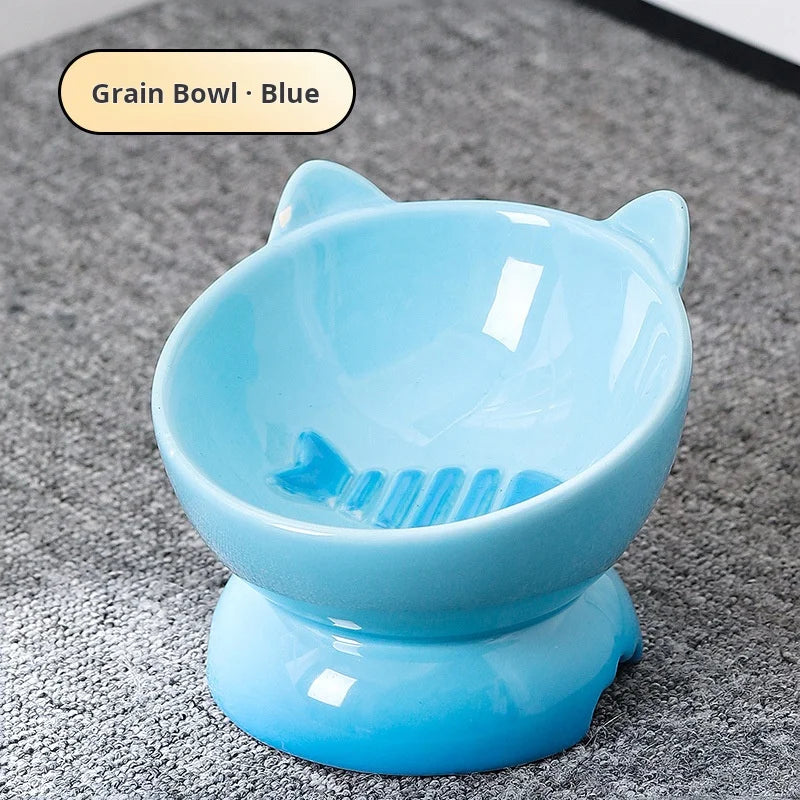 Tall cat bowl, cat food bowl ceramic dog bowl, kitten drinking water oblique rice bowl food bowl, anti overturning