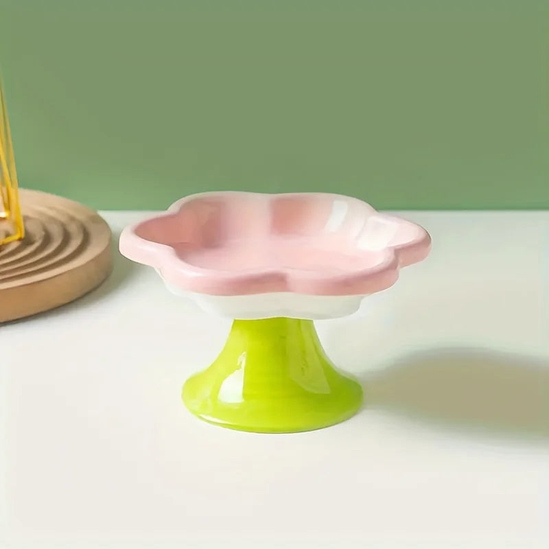 Ceramic Raised Cat Bowl With Flower Design, Elevated Cat Food Bowl Water Plate Snack Dish With Stand For Neck Protection