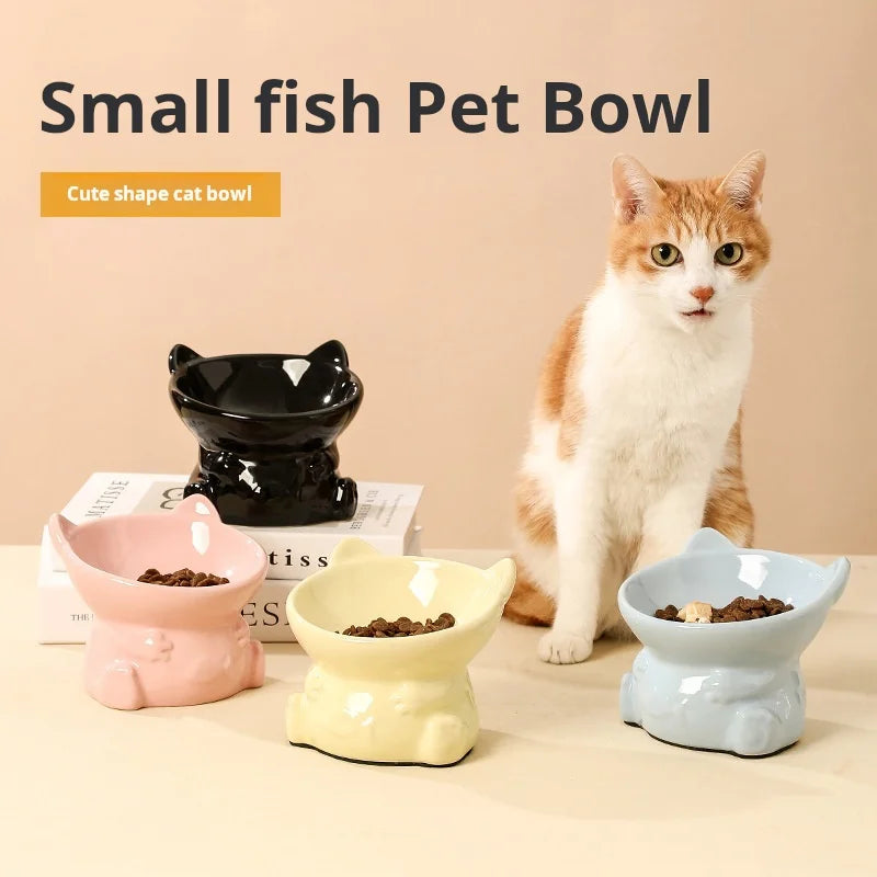 Ceramic cat food bowl dog bowl water bowl cat cute small fish supplies protection cervical spine double bowl pet bowl